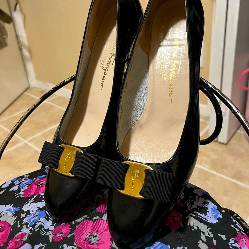 Black Ferragamo kitten heels
